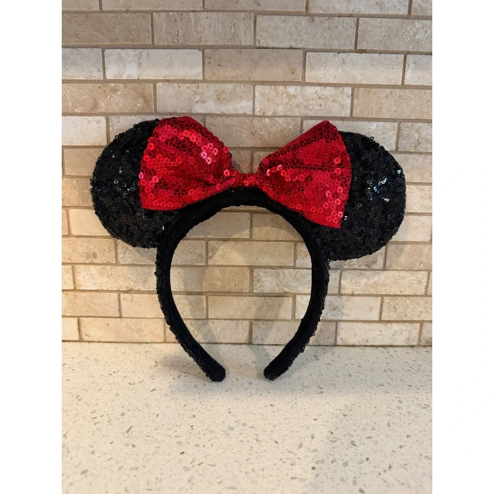 Disney Parks Minnie Mouse Headband Dark Sequins Metallic Red Bow Black OSFM